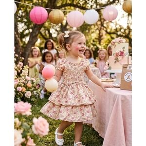 Girls Party Dress Floral Smocked Tiered Ruffle Dress 2T Rabbit + Bear Organic